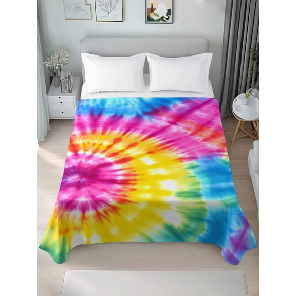 Colorful Boho California King Size Flat Sheet, Wrinkleproof & Fadeproof Cooling Flat Bed Sheet Only, Pink Yellow Blue Green Tie Dye Abstract Art Breathable Soft Bedding Top Sheets 108 x 98 Inches