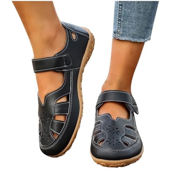 Miqool Women's Summer Casual Closed Toe Leather Sandals,Comfortable Soft Sole Ankle Strap Mary Jane Orthopedic Beach Shoes