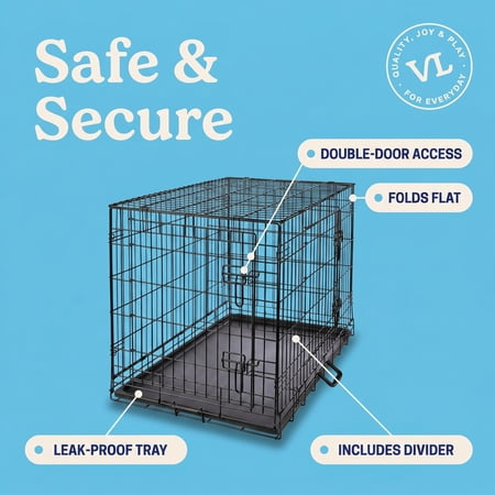 VIBRANT LIFE WIRE DOG CRATE, DOUBLE-DOOR, DIVIDER AND LEAK-PROOF TRAY, METAL, FOLDABLE, DURABLE, BLACK, 36 IN