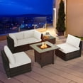 thumbnail image 3 of Patiojoy 6 PCS Patio Wicker Furniture Set With 30" Gas Fire Pit Table 50,000 BTU White Cushions, 3 of 9