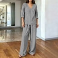 thumbnail image 4 of Vertical Stripe Two Piece Pant Set for Women, V Neck Short Sleeve Pocket Resort Loungewear Suit Gray XXXL(XXXL), 4 of 6