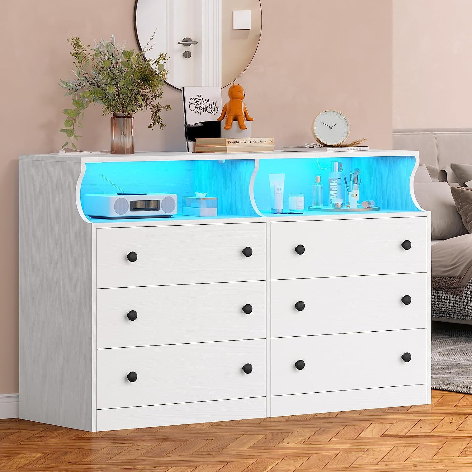 White Dresser 6 Drawer Dresser with LED Lights and Charging Station