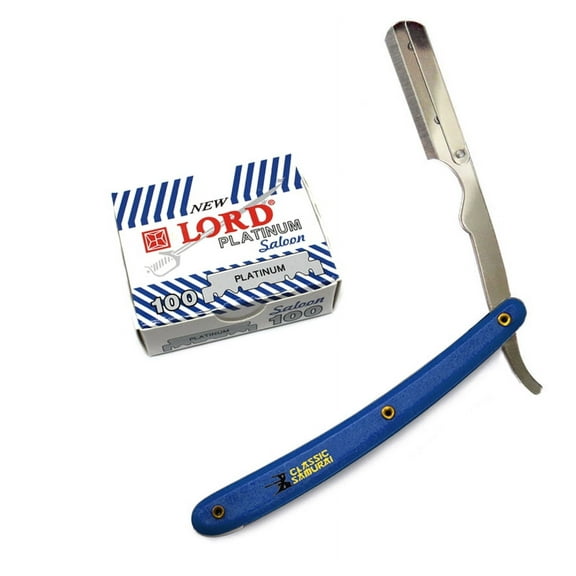 CS101 Blue Stainless Steel Professional Barber Straight Edge Razor with 100 Lord Platinum Single Edge Razor Blades
