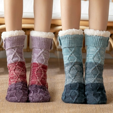

Floor Socks Color Block Sherpa Lining Knitted Mid-calf Thickened Keep Warm Comfortable Winter Thermal Women Ind