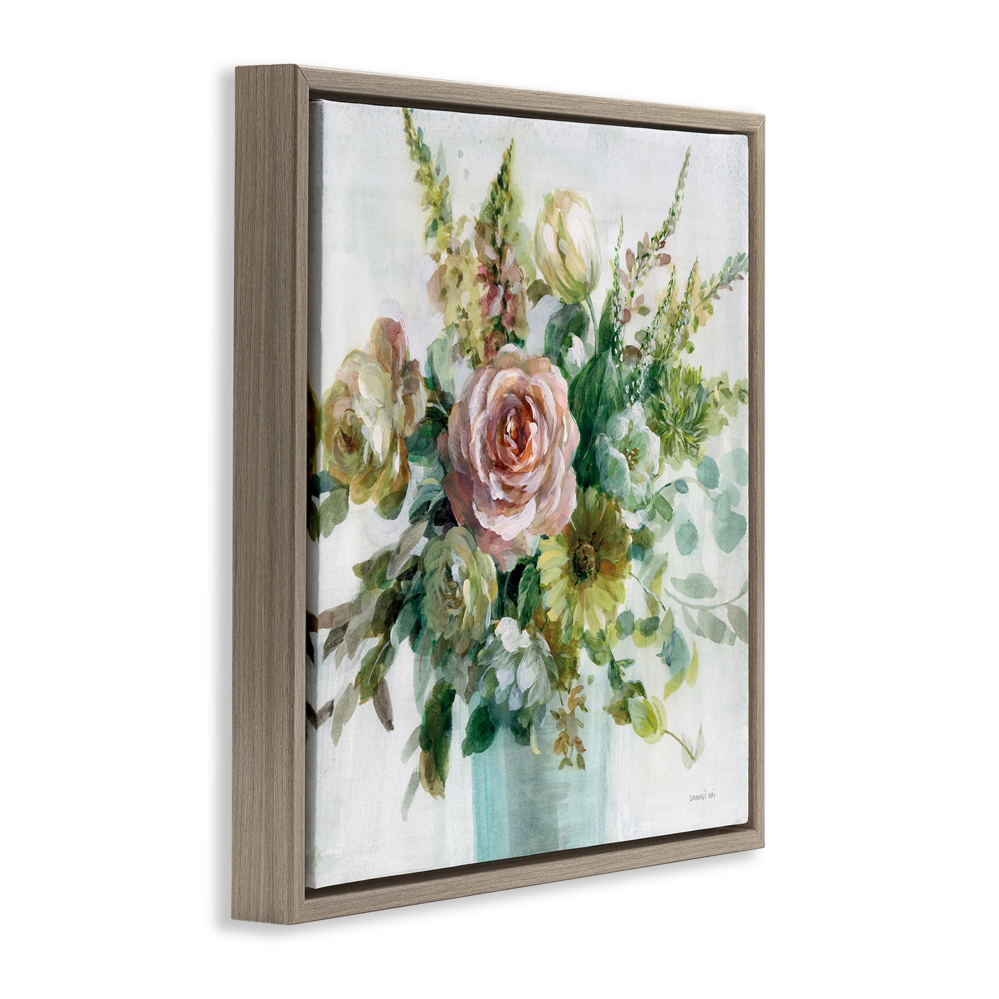Stupell Industries Sage & Peach Flowers Botanical & Floral Painting Brown Floater Framed Art Print Wall Art, 18 x 18