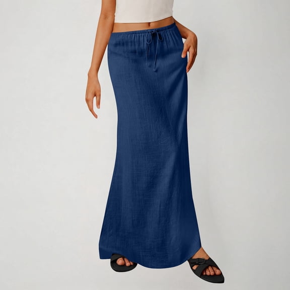LIBRCLO Skirts for Women Maxi Length Linen Summer Skirts with Elastic Waist Drawstring