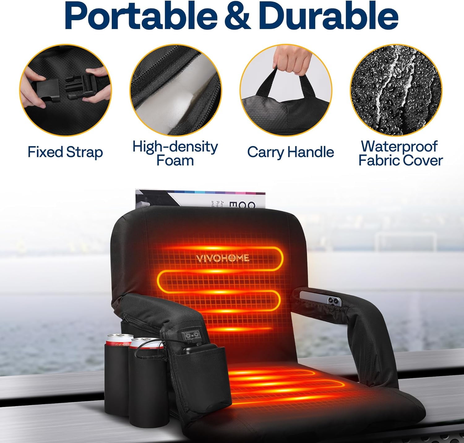 SPECSTAR Heated Stadium Seats with Back Support and Cushion, 2 Pack Bleacher Chairs with 12V 20W PD Fast Charging Type C Port, 3 Levels of Heat, NTC Overheat Protection System(Power Bank not Include
