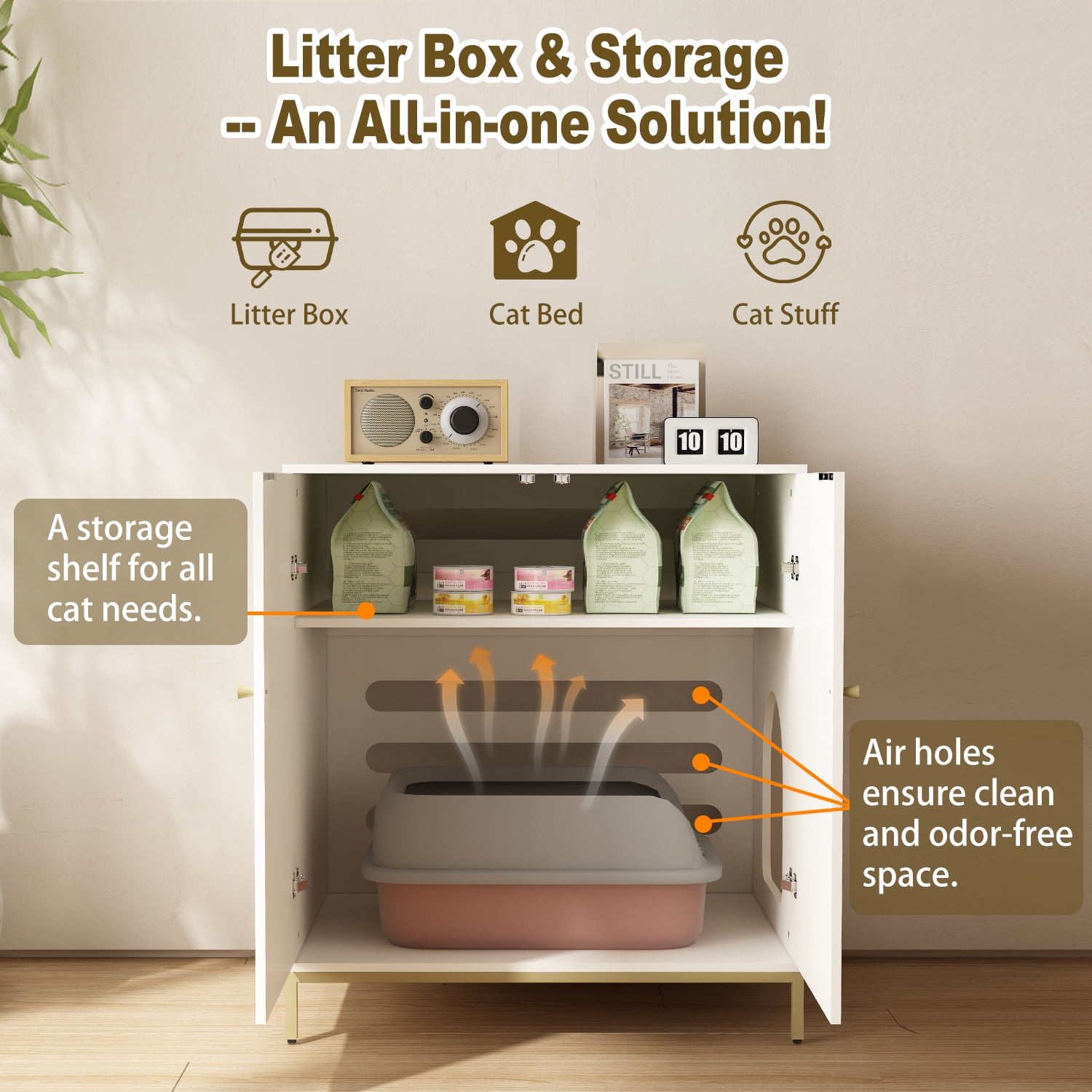Stylish Cat Litter Box Enclosure, Modern Hidden Litter Box Furniture with Tall Legs, Side Entrance, and Dual Use as End Table for Living Room or Bedroom (White & Gold)