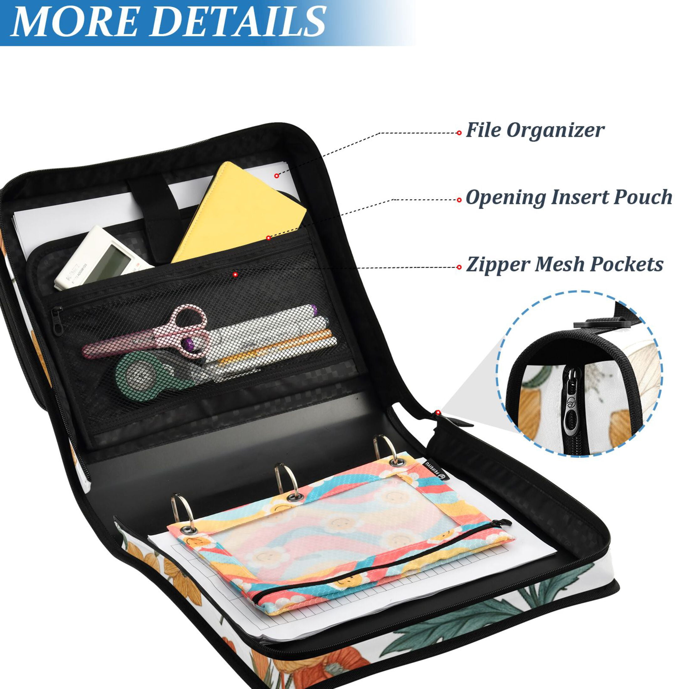 3 Ring Zipper Binder with Shoulder Strap Waterproof Trapper Keeper 2 Inch D-Ring 500 Sheets Capacity Different Wildflower