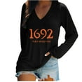 thumbnail image 2 of WXLWZYWL Halloween Sweatshirts for Women Long Sleeve Shirts V Neck Bat Pumpkin Ghost Witch Printed Loose Casual Pullover Tee Tops Hoodie Fall Clothes 2024, 2 of 3