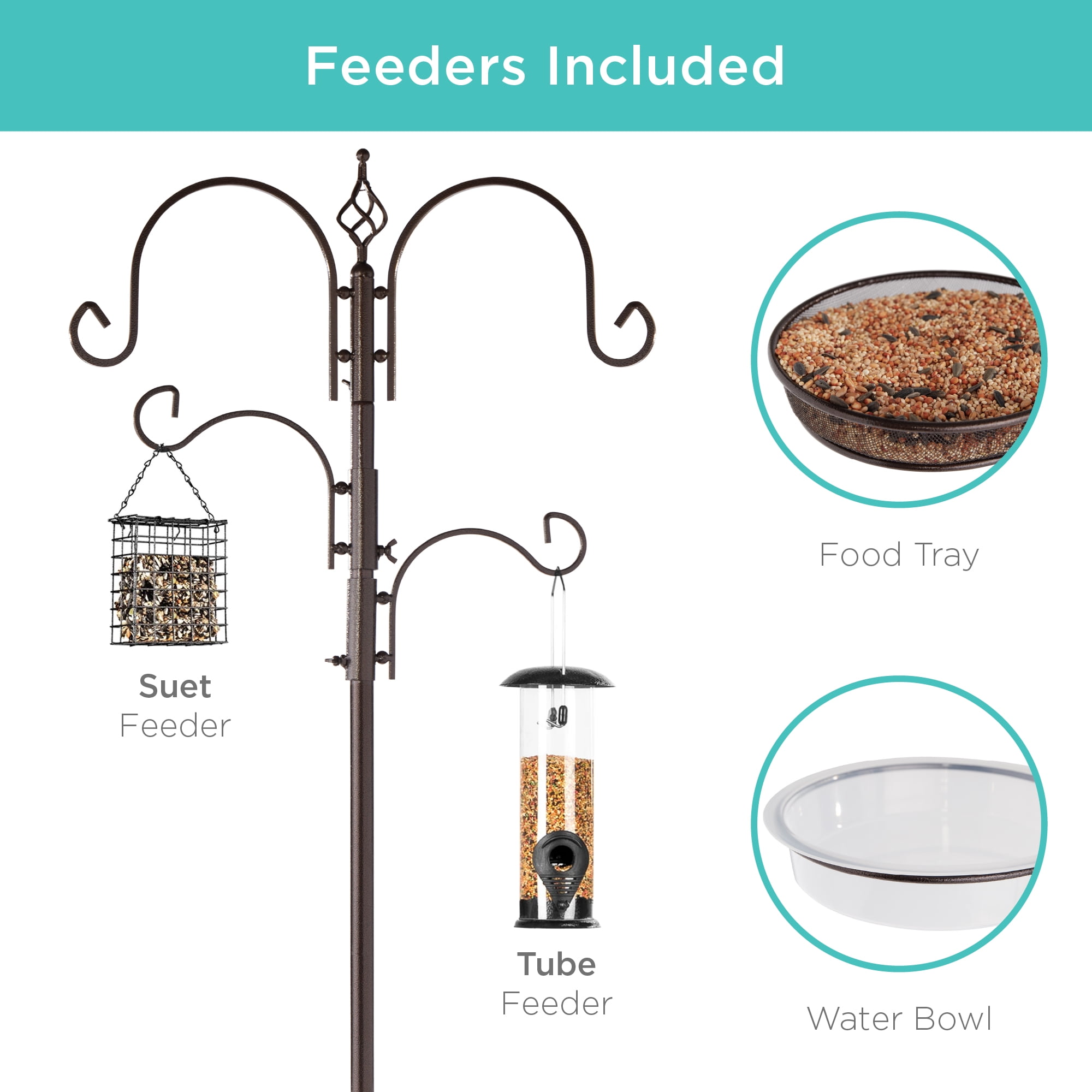 Best Choice Products 91in 4-Hook Bird Feeding Station, Steel Multi-Feeder Stand w/ 2 Feeders, Tray, Bird Bath - Brown