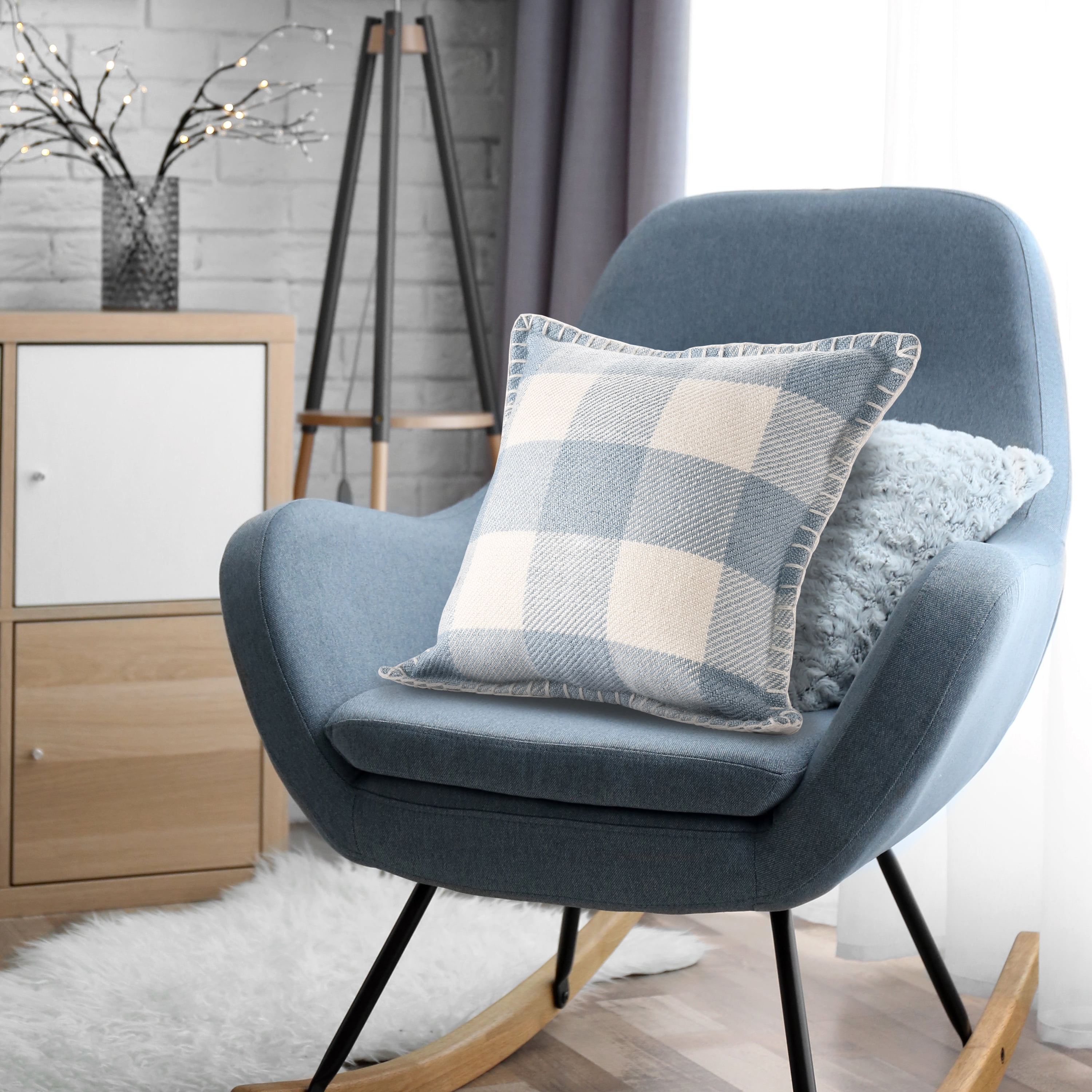 Harlow Hill Eva 20" x 20" Blue/Ivory Plaid Performance Adult Decorative Throw Pillow Cover