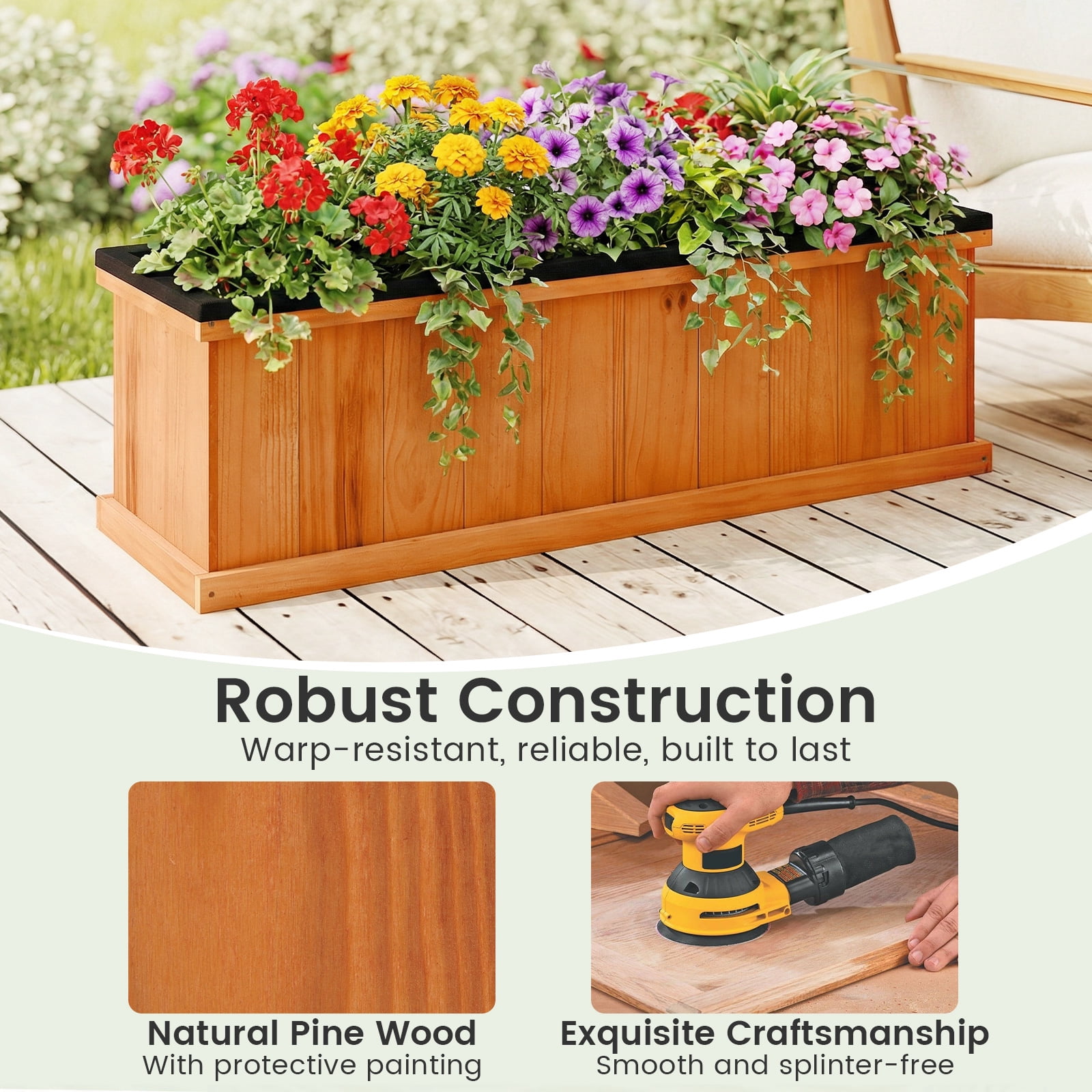 Gymax Wood Raised Garden Bed w/Drainage Holes & Liner for Flowers Vegetables Herbs