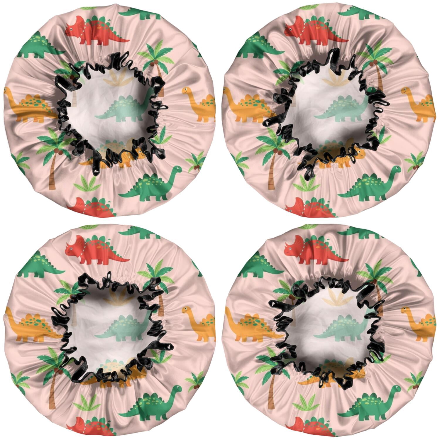Shower Caps,Pink Cartoon Dinosaurs Palms Pattern Waterproof Shower Cap for Women 4 Pieces,Double Reusable Hair Cover for Shower PEVA Elastic Stretch Hem