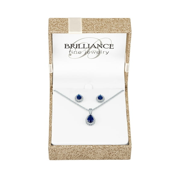 Ladies Brilliance Fine Jewelry Sterling Silver Plated Simulated Sapphire & CZ Pendant & Earring Set