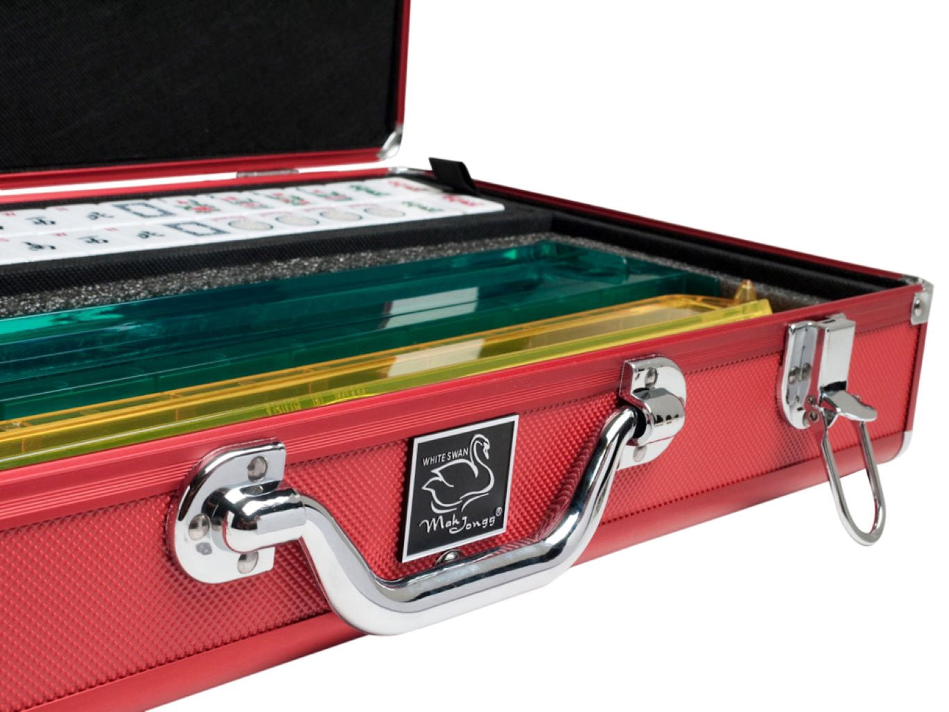 White Swan American Mahjong Set in Luggage-Style Red Case - White Tiles - Modern Pushers