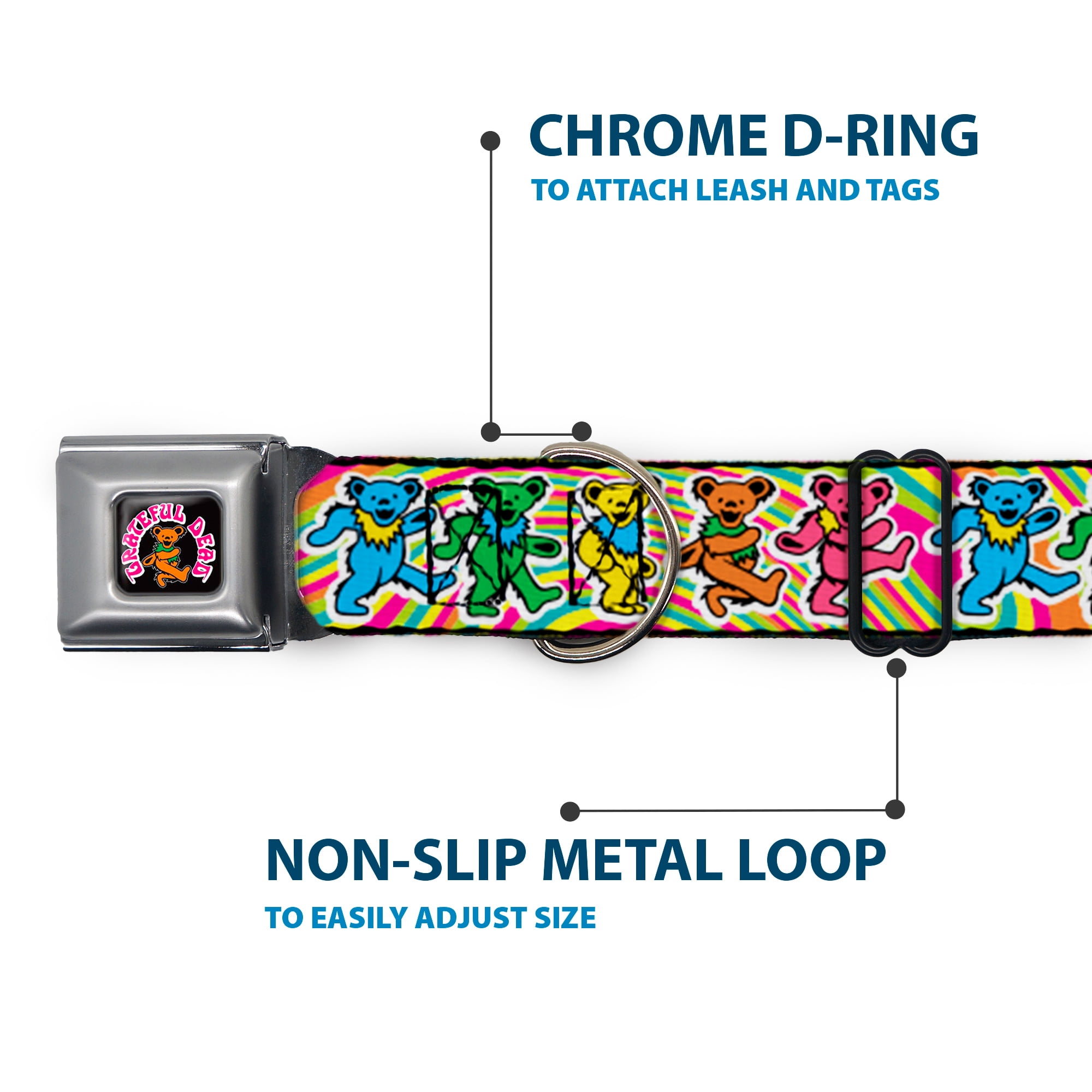 Grateful Dead Pet Collar, Dog Collar Metal Seatbelt Buckle, Grateful Dead Dancing Bears Swirl Multi Color, 15 to 24 Inches 1.0 Inch Wide