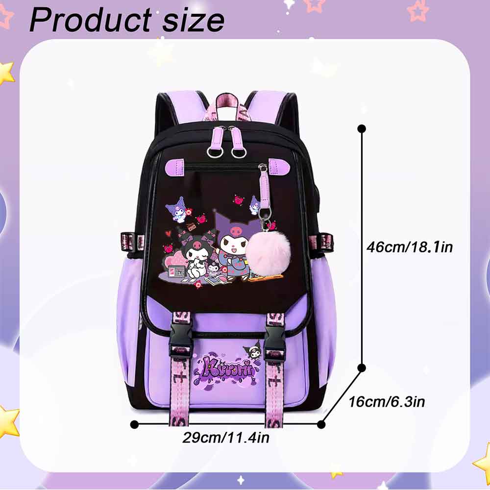 Sanrio Kuromi Backpack with Exquisite Pendant, Middle School Laptop Backpack Student Cute Schoolbag Casual Backpack Travel Backpack, Black Purple