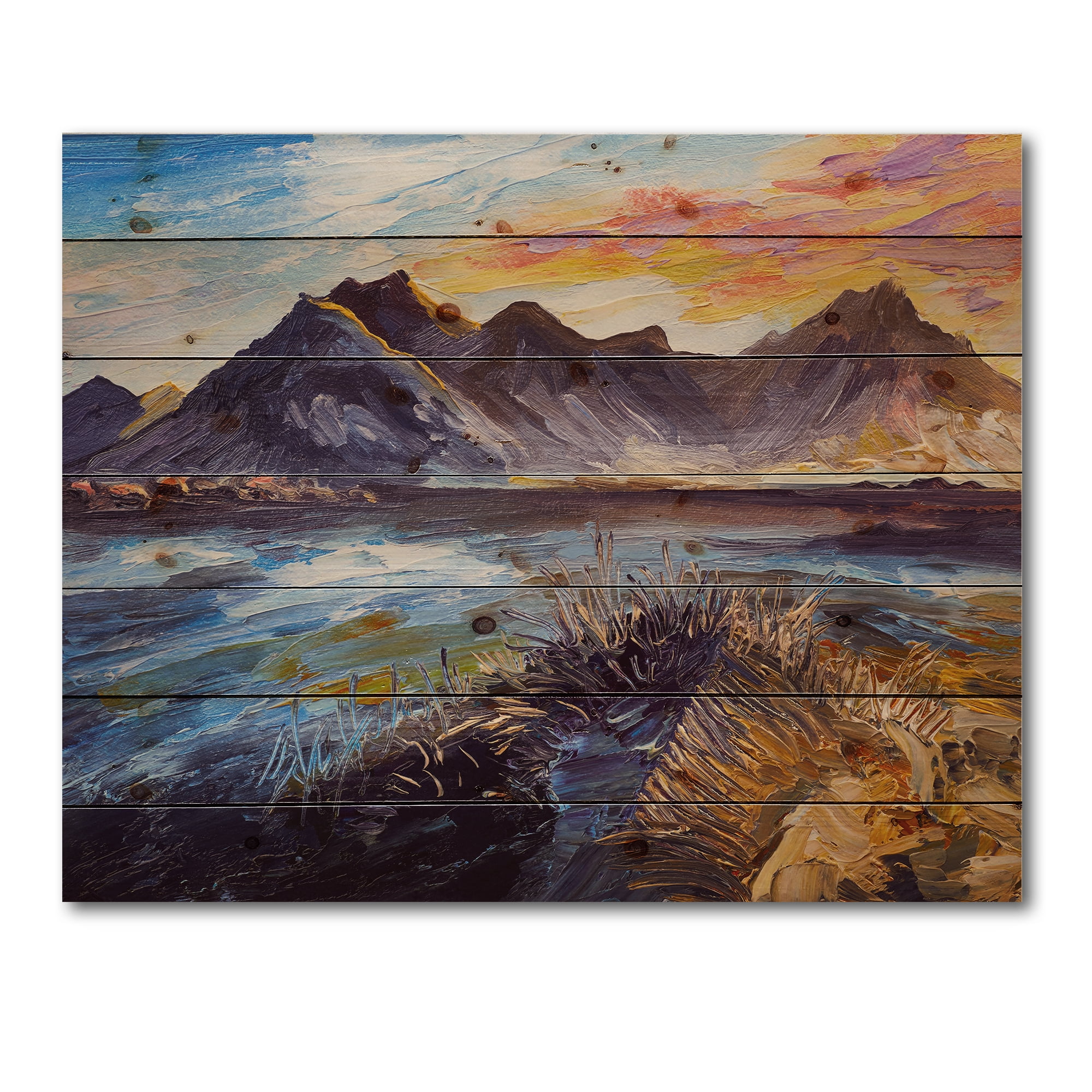 Designart 'Impression Pink Sunset Over The Mountains By The Sea' Nautical & Coastal Print on Natural Pine Wood