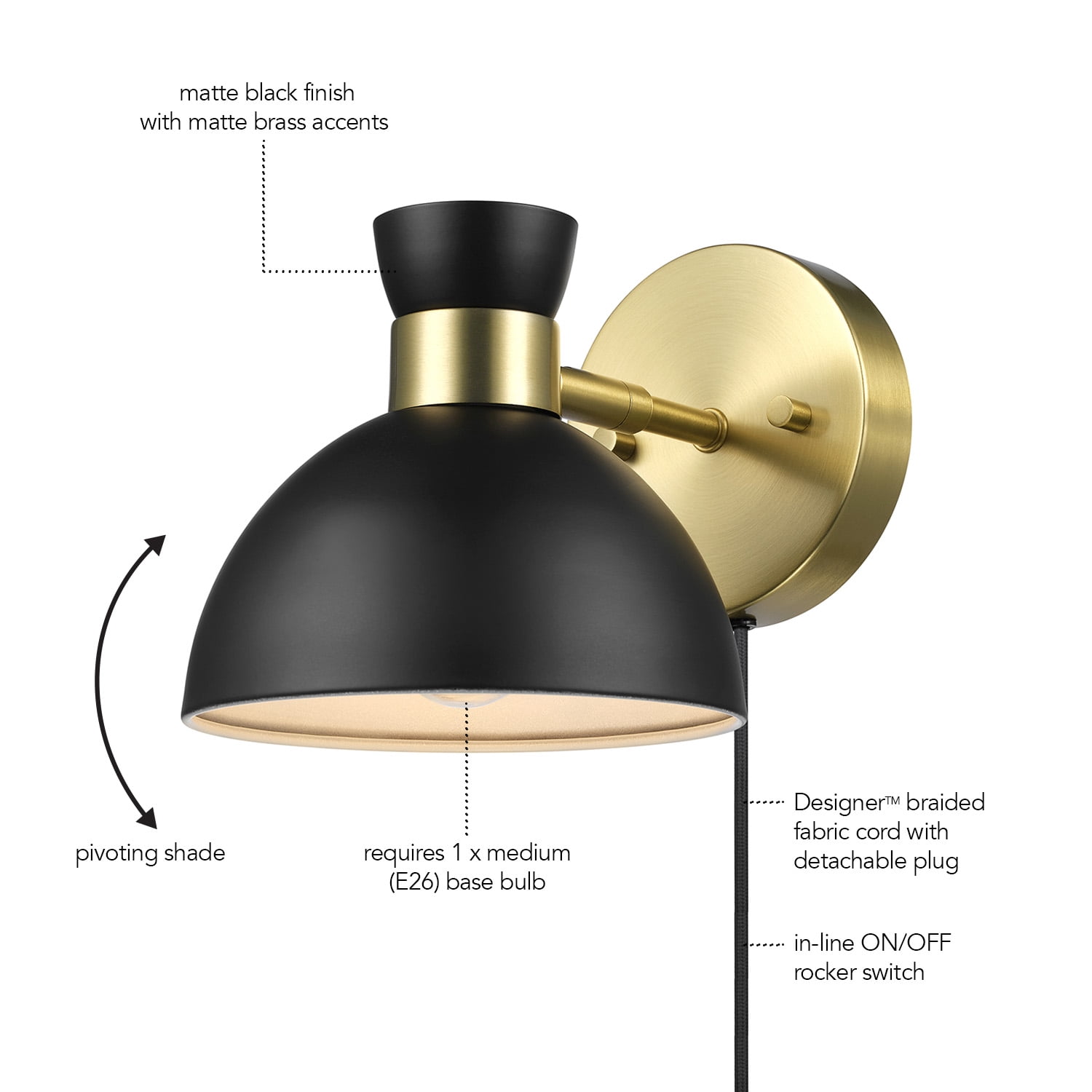 Globe Electric 1-Light Matte Brass Plug-in or Hardwire Indoor Wall Sconce with Pivoting Shade