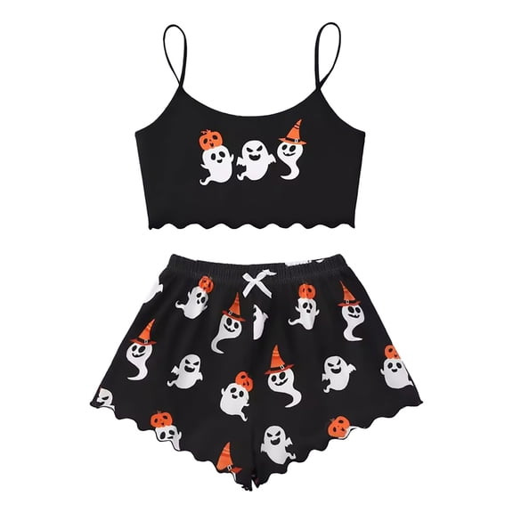 ZHENHONG Pajamas Sets for Women 2 PC Set Cute Funny Halloween Sleepwear Letter Print Camisole and Pumpkin Graphic Shorts Pajama Sets Halloween Matching Set