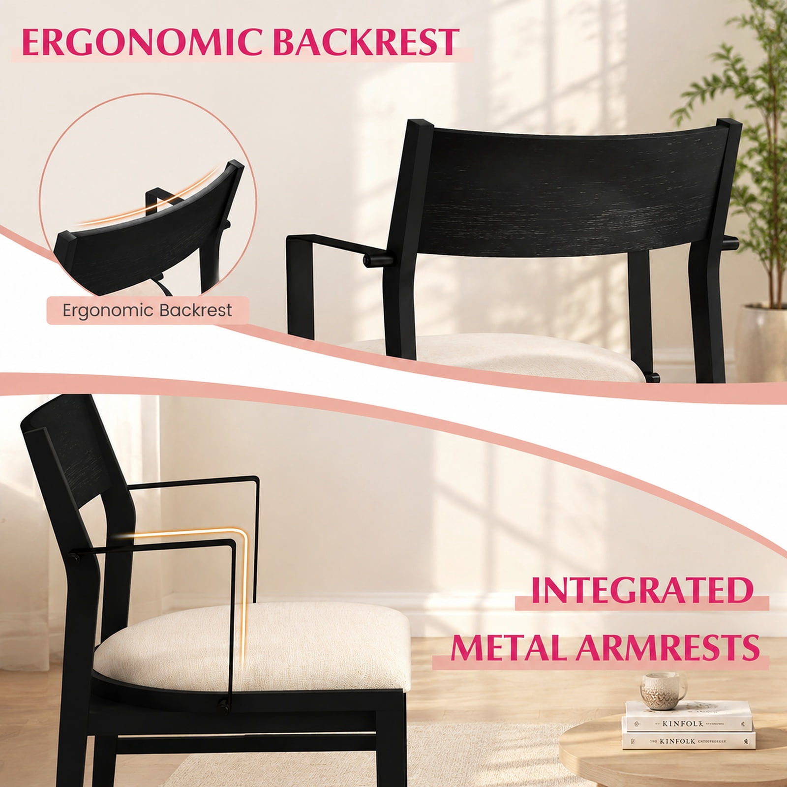 Furnibear Set of 2 Dining Chairs with Contoured Backrest Padded Seat and Armrests
