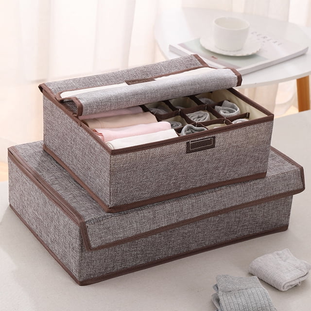 Caja para Calcetines, Organizador de Armario Plegable, Divisor de 17/13 Celdas, Tela de Lino Gris, Tapa con Velcro, Almacenamiento Versátil para Calcetines, Corbatas, Sujetadores, Ropa Interior y Lav