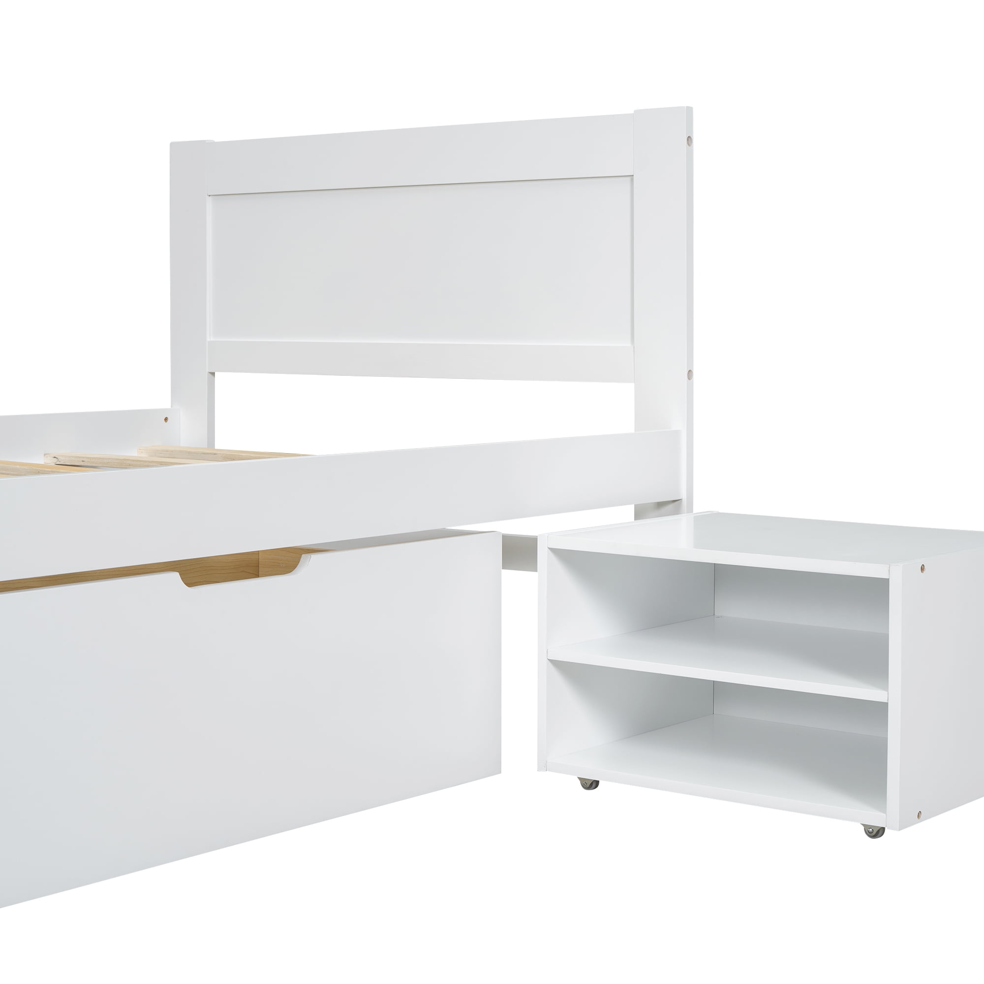 Yoneston Twin Platform Bed with Wheeled Drawer and Two Shelves, Kids Extra Easy-access Large Storage Space Bed Frame, White