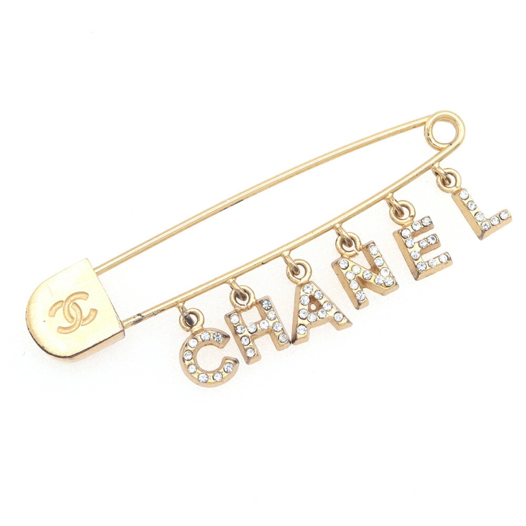 Pre-Owned Chanel Brooch, Gold Metal Rhinestone Pin Safety Pin, Women's CHANEL