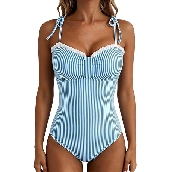 WEIGFI Womens Swimwear One-Piece Spaghetti Strap V-Neck Beachwear Sweet Tie Knot Ruffles Striped Bathing Suit Tummy Control Stylish Pool Swimsuit,OTHER,L