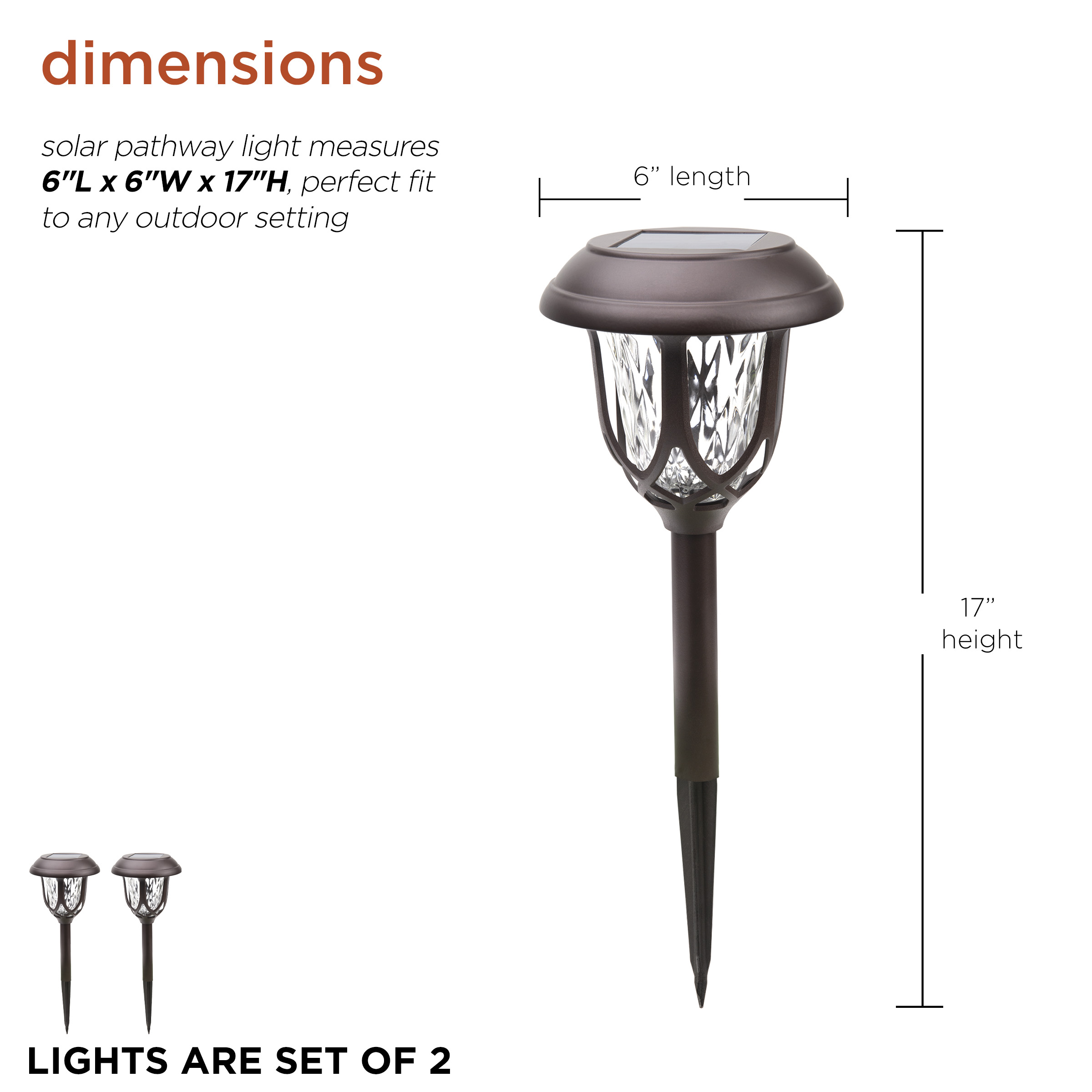 Alpine Corporation 17" Tall Super Bright High Lumen Outdoor Solar Powered Pathway Light Stakes, Bronze (Set of 2)