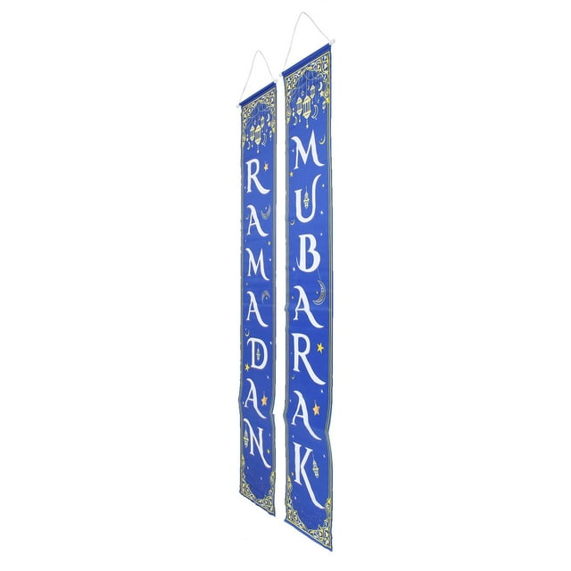 Eid Mubarak Porch Sign, 100D Polyester Eid Mubarak Hanging Sign Blue Background For Outdoor Decoration