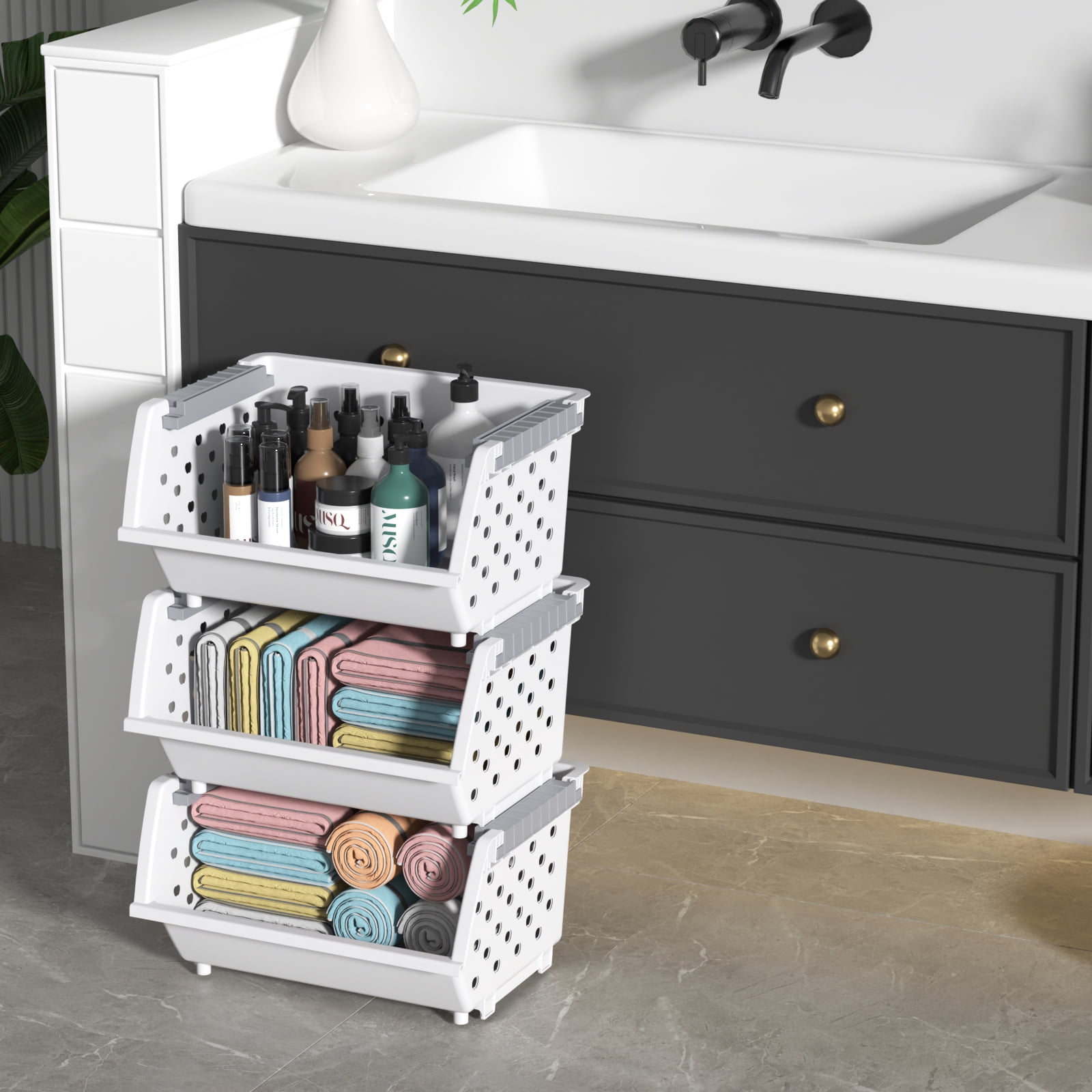 Vcansay 4 Packs Plastic Stackable Storage Basket, Large Stacking Baskets, Open Front Stacking Plastic Bins, White