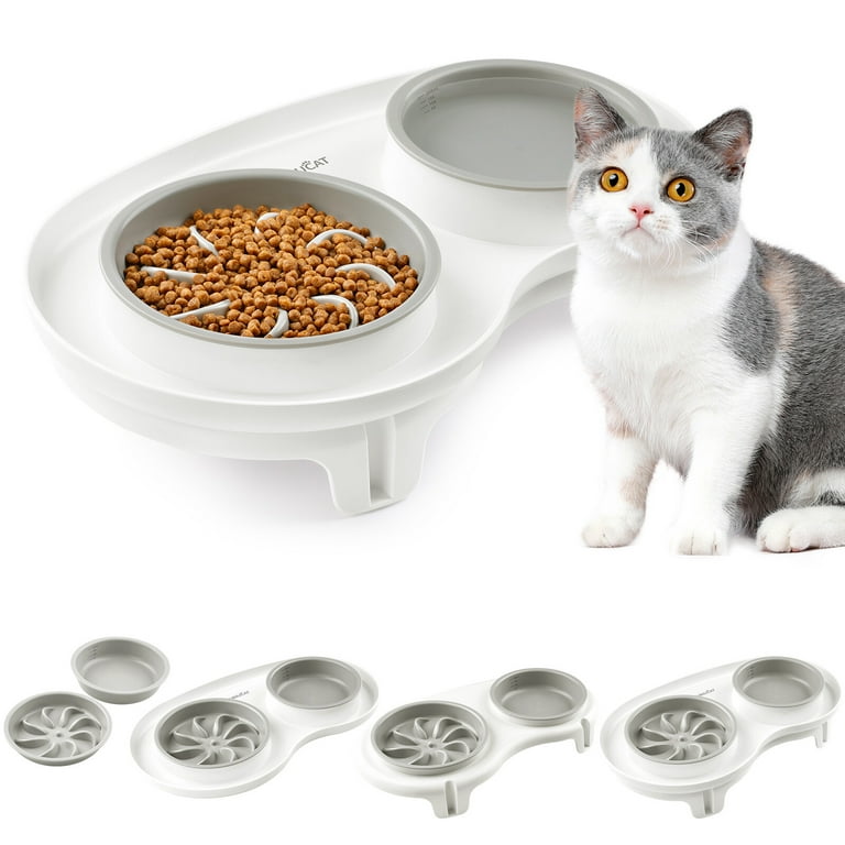 Raised Slow Feeder Cat Bowl - Detachable Melamine Bowls To Slow Down Eating & Prevent Vomiting
