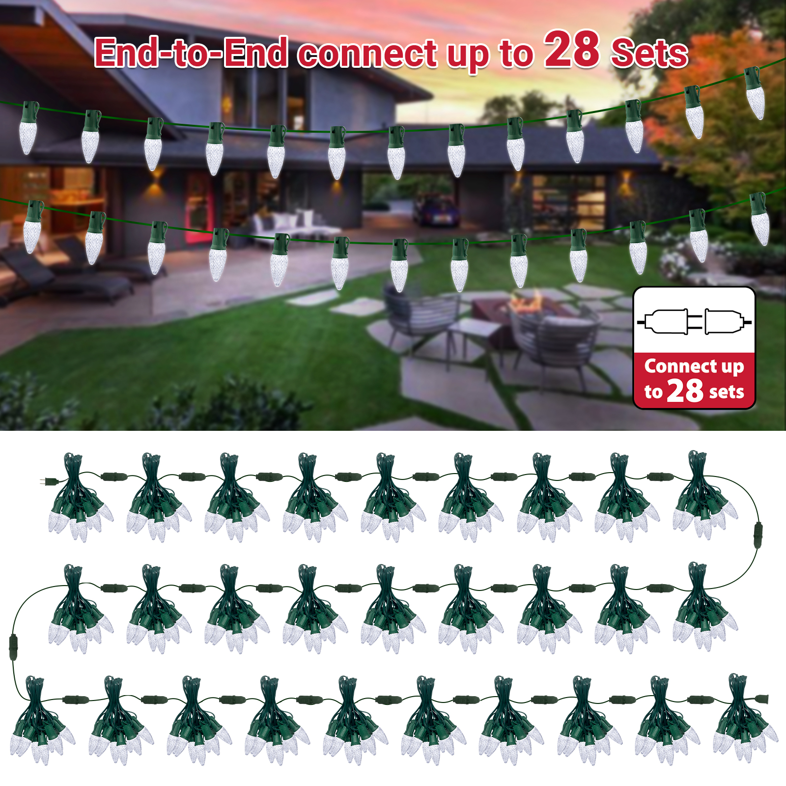 LAMPHOME White C9 Christmas String Light Outdoor, 25FT Shatterproof LED for House Rooflines & Pathways, Connectable Waterproof Vintage Christmas Light for Tree, Yard, Patio, Porch, Garden