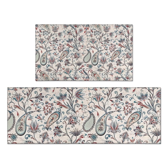 White Pioneer Flower and Paisley Pattern Kitchen Rugs Sets Of 2,Anti Fatigue Kitchen Mat Rugs Non Slip Washable,Decorative Kitchen Floor Mats for Kitchen,Sink,Laundry,17"x30" 17"x47"