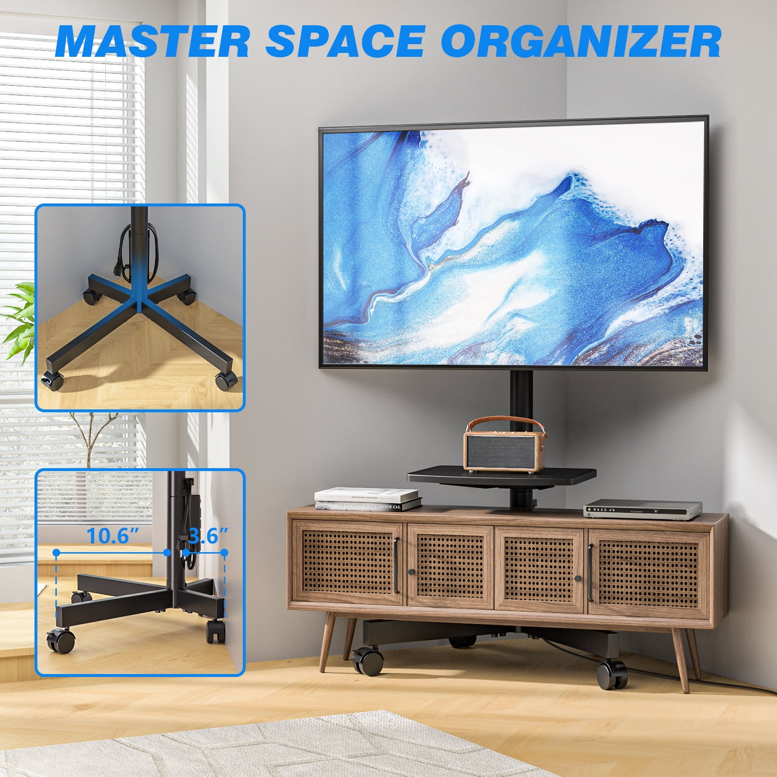 RTVR Rolling TV Cart Stand for 32 to 65 inch Flat Panel Screens with Power Outlet, Mobile TV Stand Modern Black