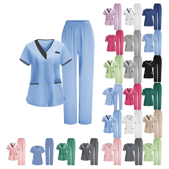 DJDLJWCJ Womens Scrub Sets 2 Pieces Solid V-Neck Short Sleeve Caregiver Tops Comfy Elastic Waist Long Pants Nurse Uniform A Pink XL