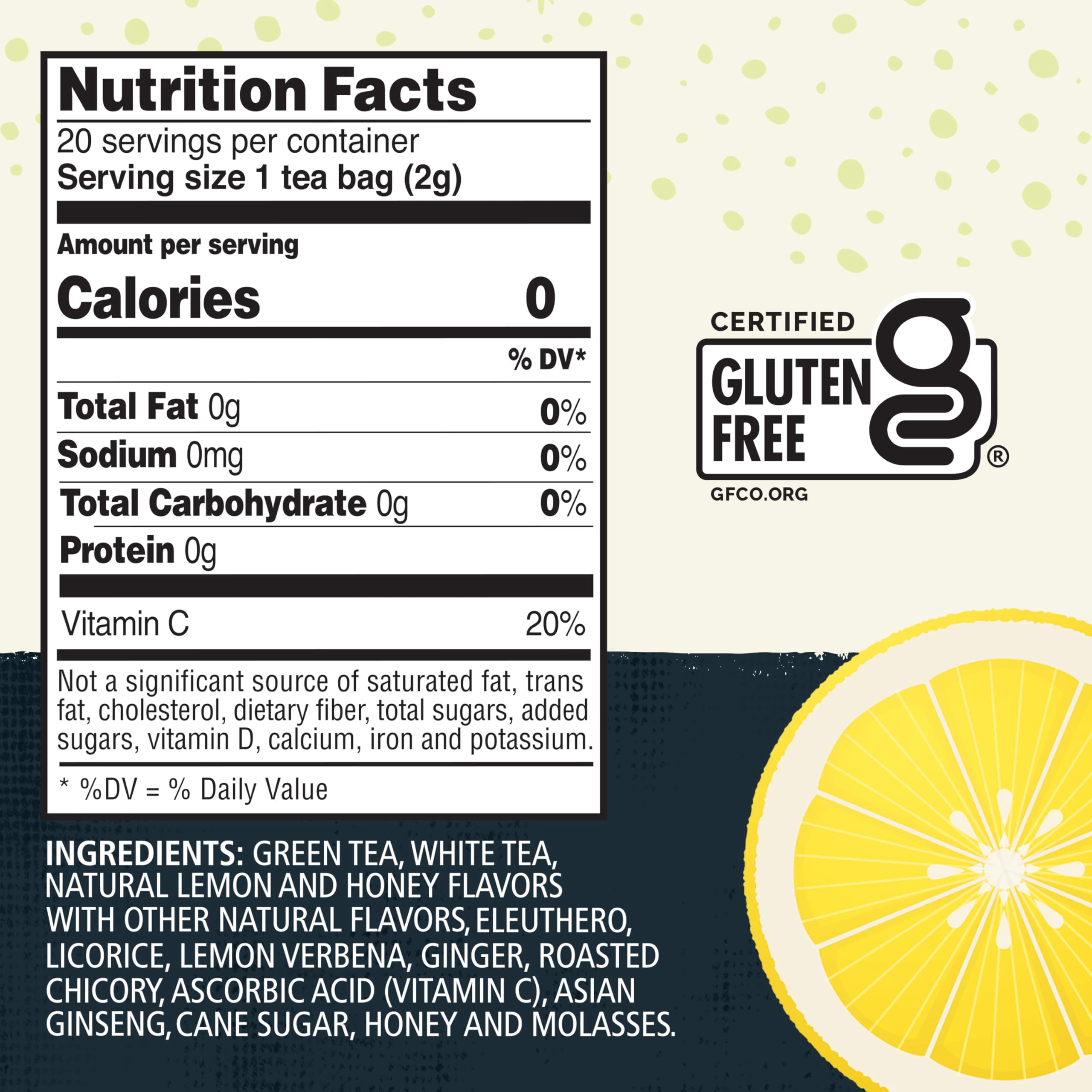 Honey Lemon Ginseng Green Tea, Caffeinated, 20 Tea Bags Box, (Pack of 6)