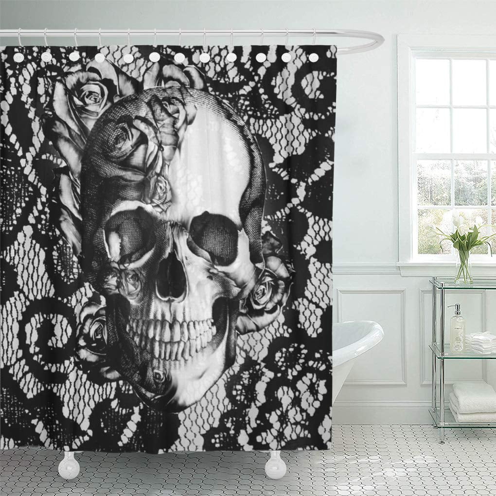Halloween Gothic Skull Undead Couple Roses Waterproof Fabric Shower Curtain Set