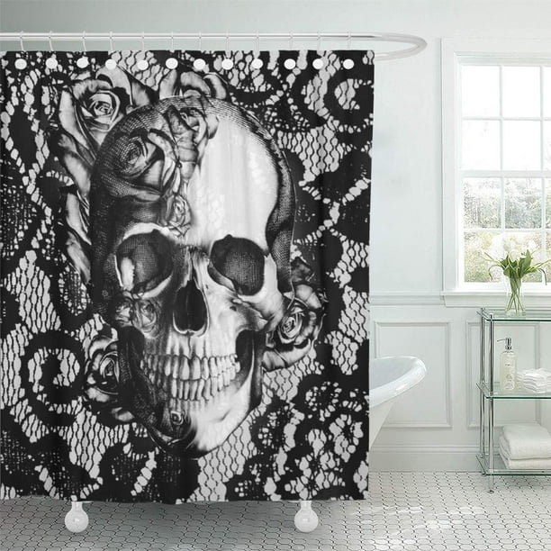 Atabie Rose Black And White Lace Skull, Gothic Shower Curtain