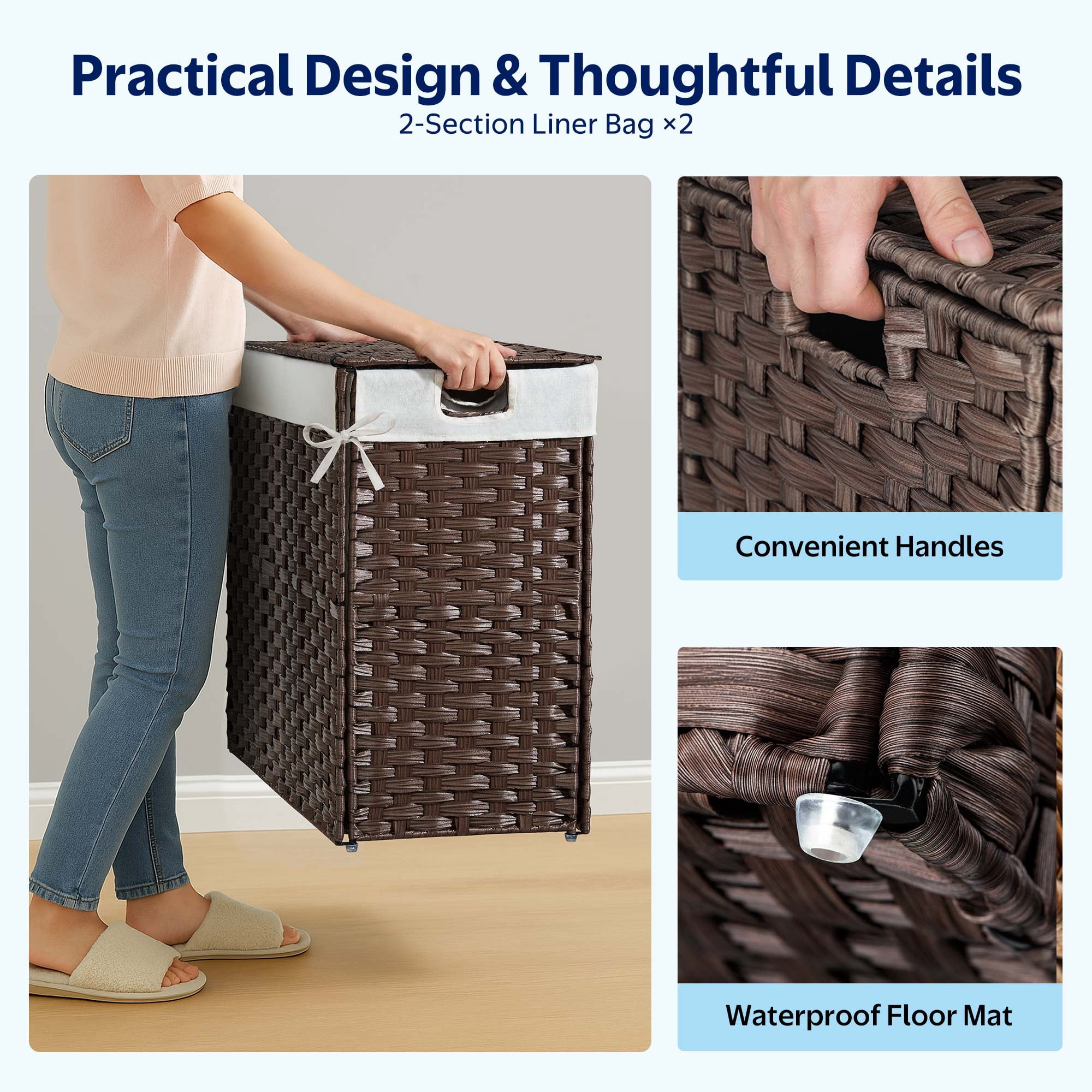 Rolanstar 110L Laundry Hamper Wicker Laundry Basket with Lid, Handles Clothes Hamper Foldable with 2 Removable Liner Bags, Brown