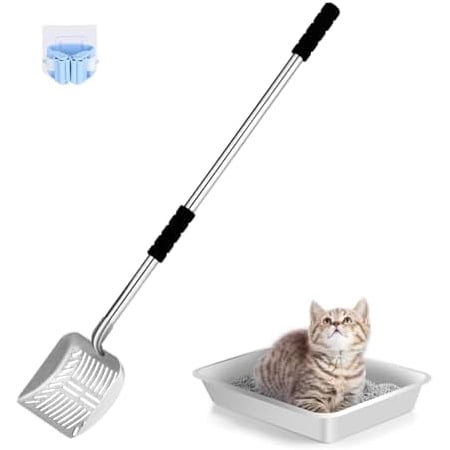 Cat Litter Spoon Metal Removable Stainless Steel Long Handle Cat Litter Screen Non-Stick Coated with Adjustable Handle and Soft Grip Heavy Duty Pet Cat Litter Shovel with 1 Pcs Hook