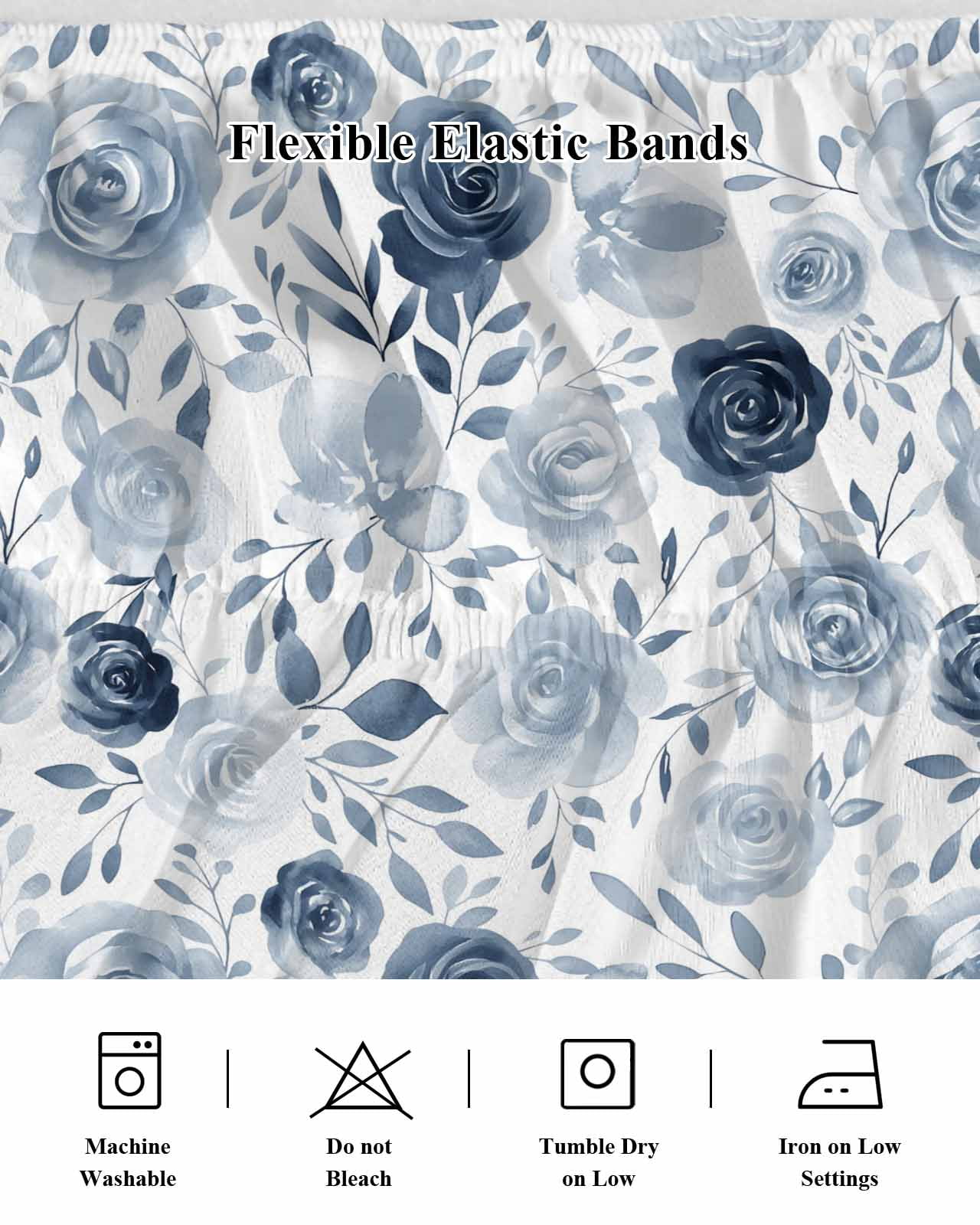 Blue Flowers Wrap Around Bed Skirts for Queen Bed 16" Drop,Bed Skirt with Adjustable Elastic Belt Dust Ruffle Bed Valance for Bedroom Hotel Watercolor Rustic Retro Floral Leaf Vines Bed Frame Cover