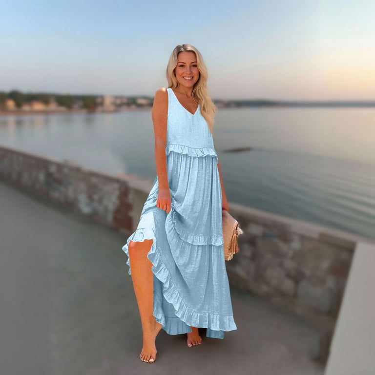 Graduation Dress, Halter V Neck Sleeveless Ruffles Loose Maxi Dress Casual  Elegant Beach Wedding Guest Cocktail Dress Satin Maxi Dresses For Women  2025 Midi Dress Work Short (XL, Sky Blue) ZMTing -