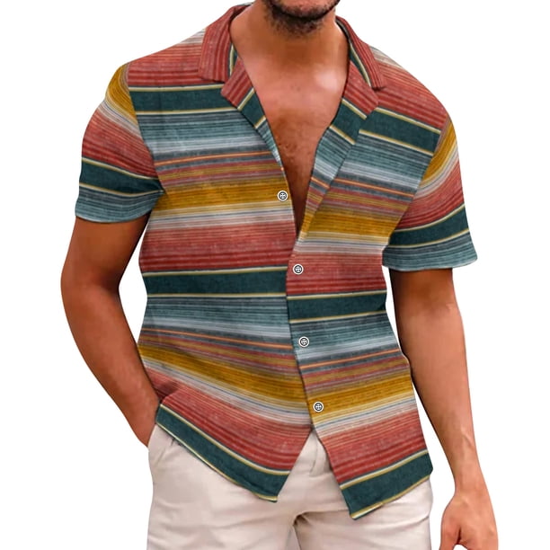 Camisas Para Hombre Manga Larga De AlgodóN Camisas informales de para hombre, camisa holgada con botones estampados y cuello vuelto, camiseta de manga corta, camisa de playa hawaiana (Red, XXL)