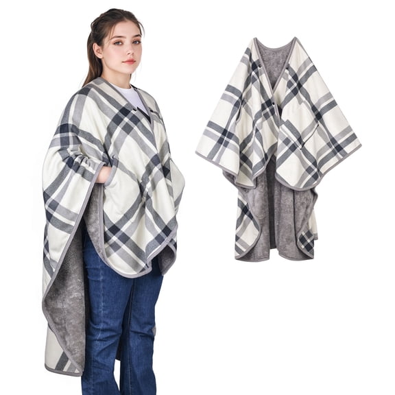 Wearable Blanket Poncho With Pockets, Flannel Shawl Wrap Blanket For Women Soft And Warm