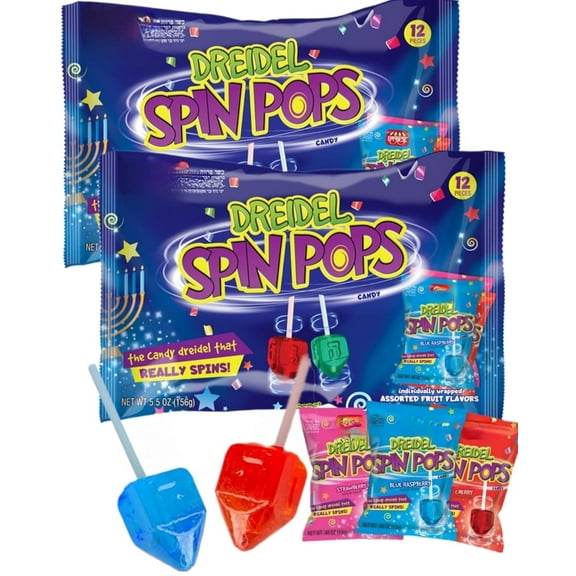 Paskesz Dreidel Spin Pops, Assorted Fruit Flavors, Spinning Hanukkah Candy Lollipops, Individually Wrapped, Kosher Parve, 12 Count (Pack of 2)
