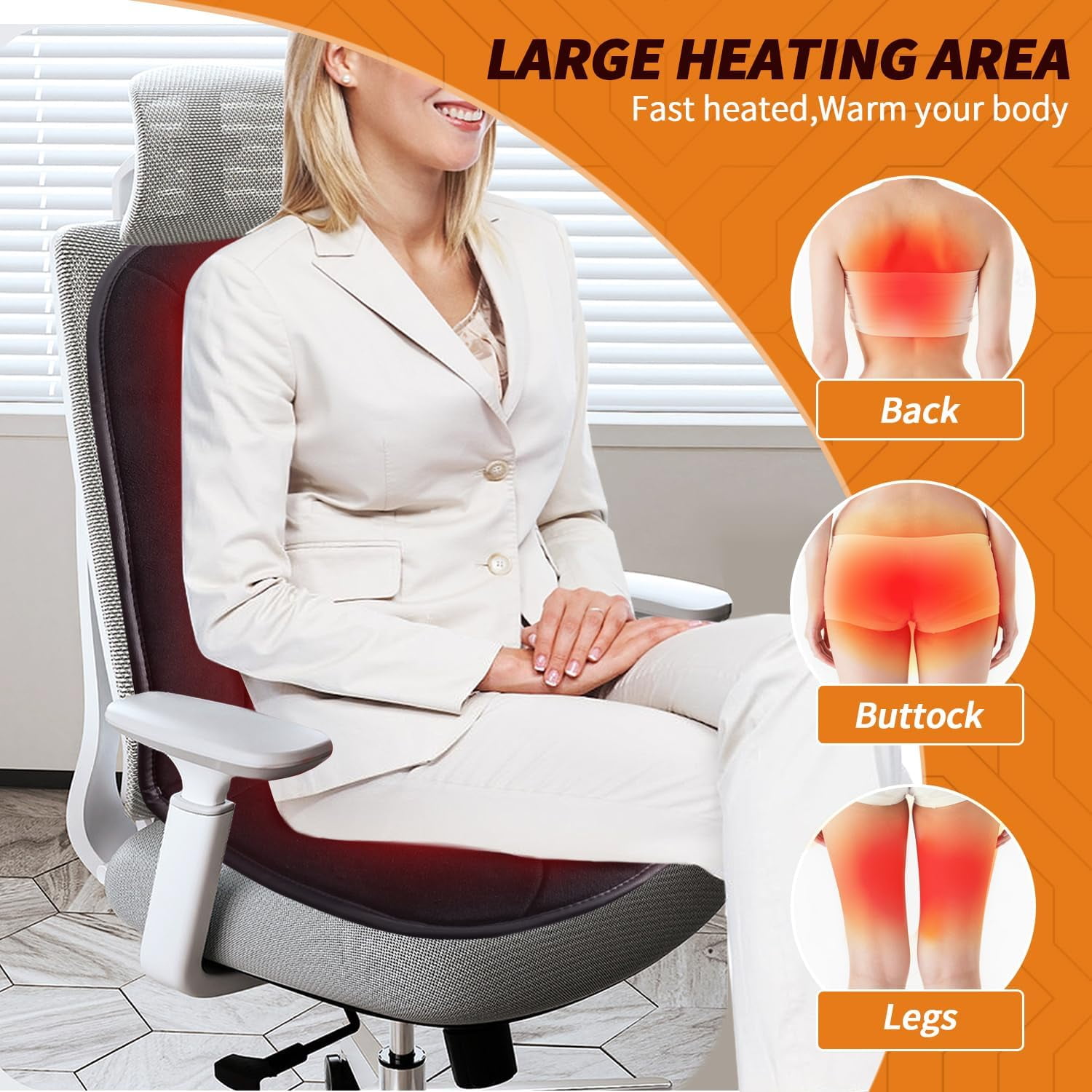 Heated Seat Cushion for Office Chair - Heating Pad for Back, Lumbar, Hip, Thigh with 7 Temperatures Levels - Warm Gift for Winter