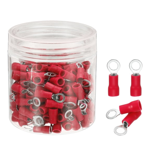 Uxcell 100Pcs Insulated Ring Terminal RVS1.25-4 Battery Lugs 22-16AWG Electrical Crimp Terminals Eyelet Wire Connectors for Industrial, Electrical Wiring, Red